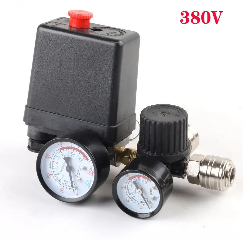 Air Compressor Pump Pressure Control Switch 4 Port 220V/380V Manifold Relief Regulator 30-120PSI Control Valve with Gauge