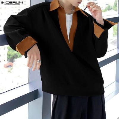Oversized Spring Men Deep V Neck Casual Long Sleeve Stitching Pullover T-shirts Tops