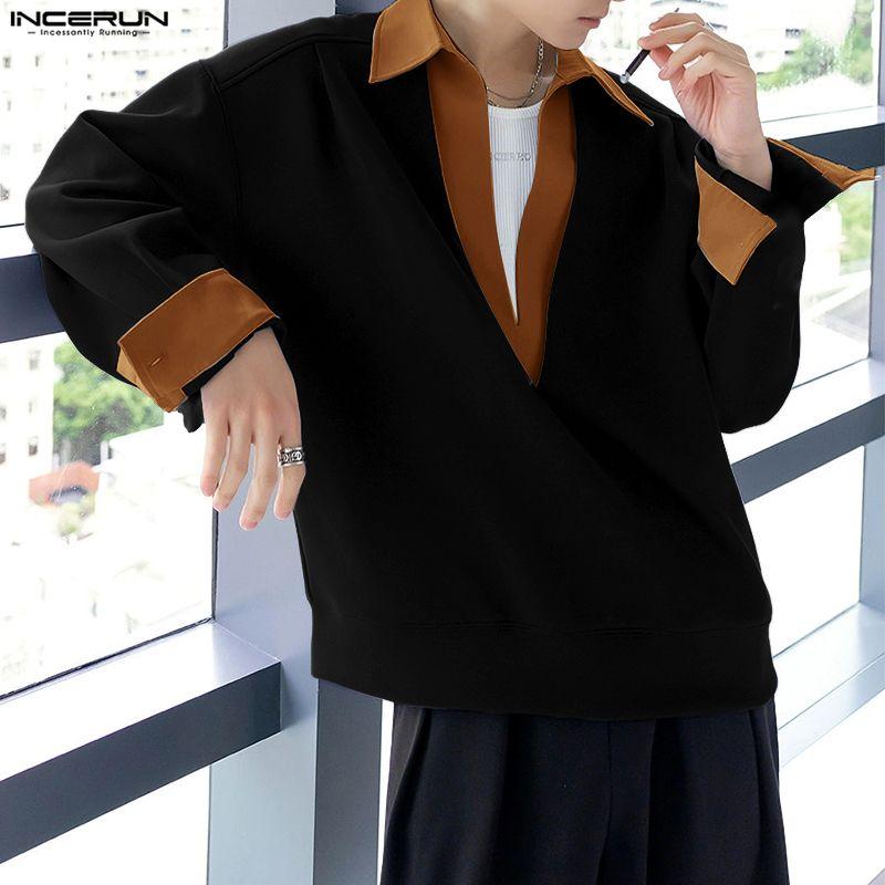 INCERUN Oversized Spring Men Deep V Neck Casual Long Sleeve Stitching Pullover T-shirts Tops