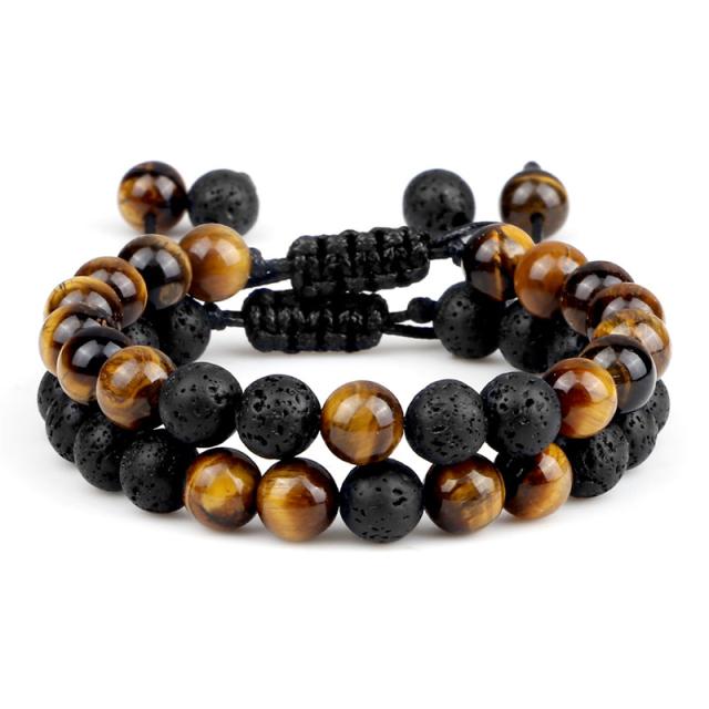 Bracelet de perles d'oeil de tigre de charme de couronne de pierre de lave noire pour hommes femmes Bracelets tressés bijoux réglables faits à la main Pulseira