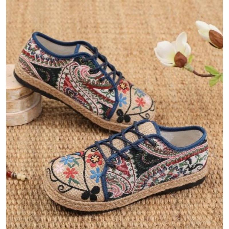 Fashion Women Shoes  Round Head Cotton Linen Canvas Single National Woven Round Toe Lace Up Cloth Shoes Woman Flats Size 35-40