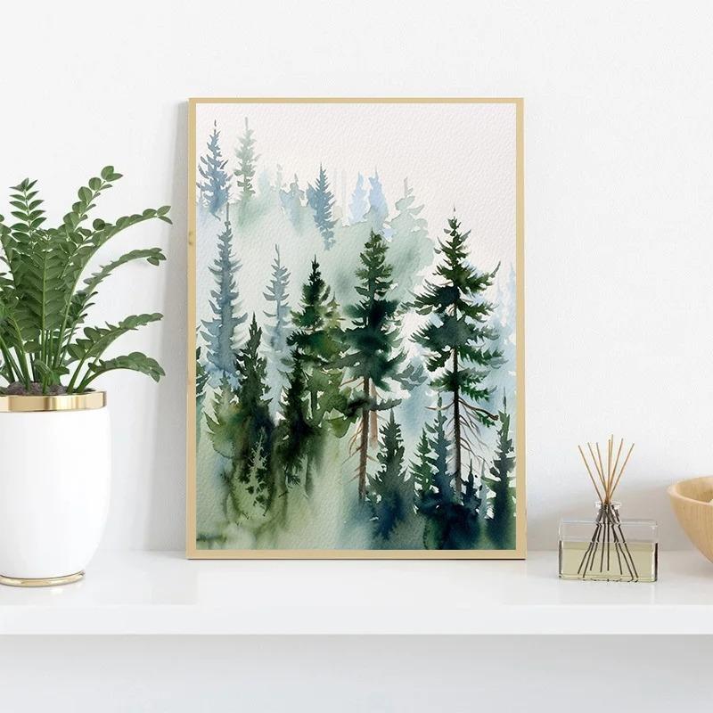 Watercolor Foggy Forest Mountain Trees Pine Posters and Prints Canvas Painting Green Wall Art Picture for Living Room Home Decor