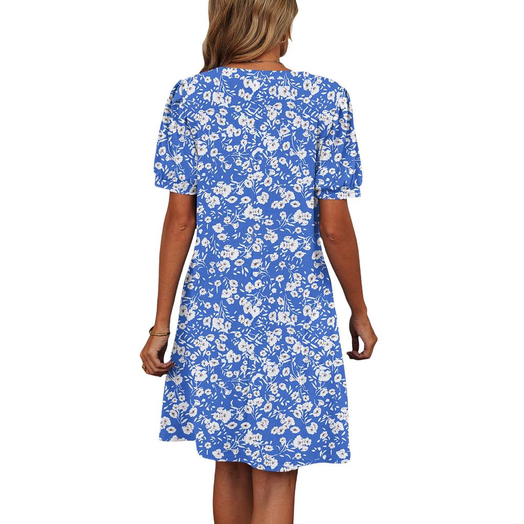 Women's Summer V-Neck Casual Beach Dresses Pod Short Sleeve Vintage Floral Print Dresses
