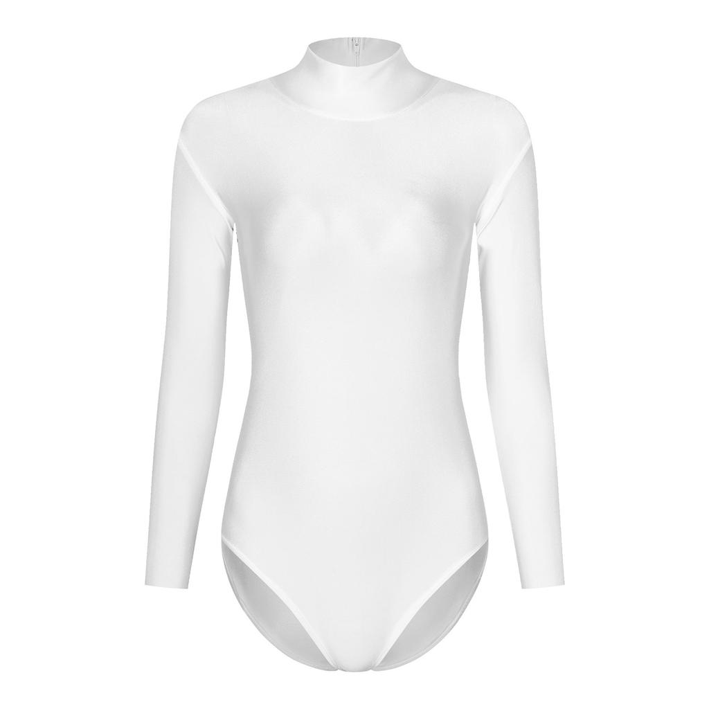 Womens Mock Neck Bodysuit Long Sleeve Leotard Solid Color Zipper Back Stretchy Gymnastics Dance Practice Wear