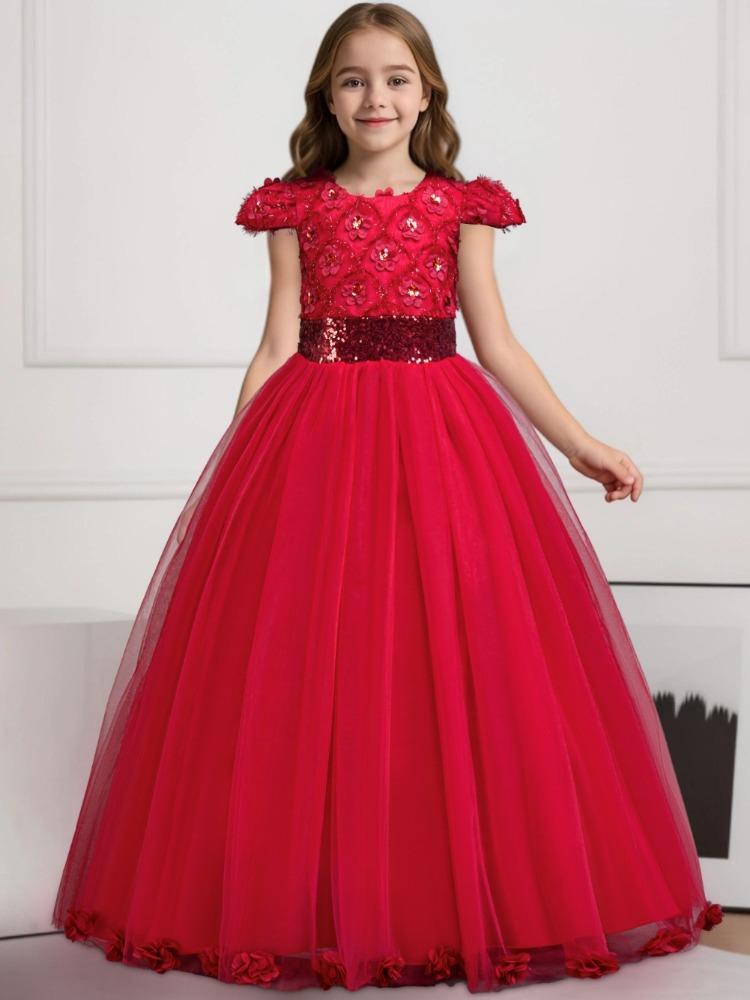 2026 Mädchenkleider Mittelgroße und Große Kinder Puffärmel Pailletten Hochzeit Blumenmädchen Klavieraufführung Prinzessinnenkleider Lang Lieblingskleid des Mädchens