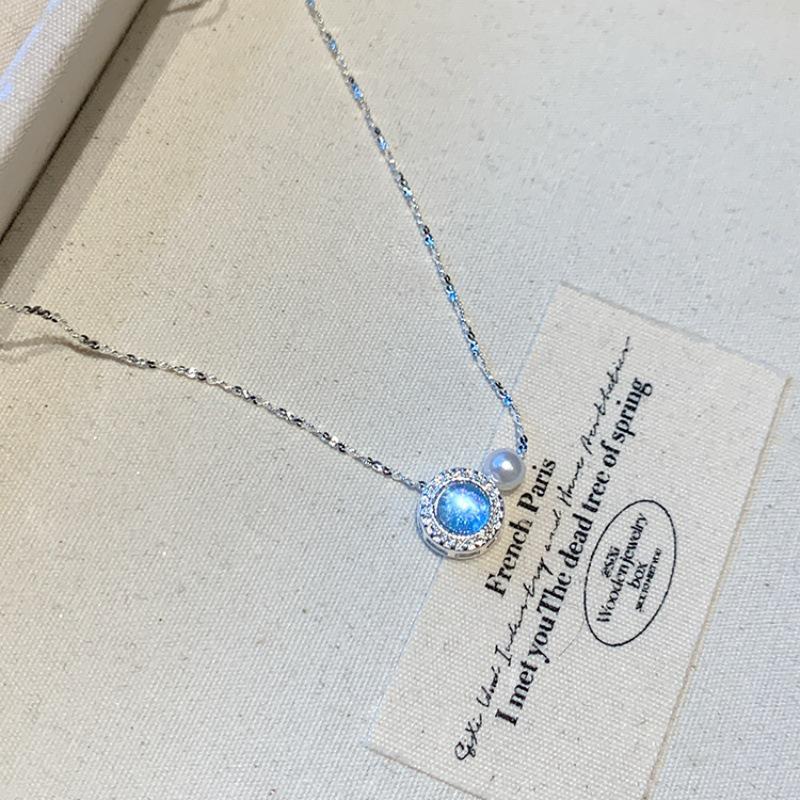 Aquamarine Pearl Clavicle Necklace – Elegant French-Style Summer Accessory for Girls
