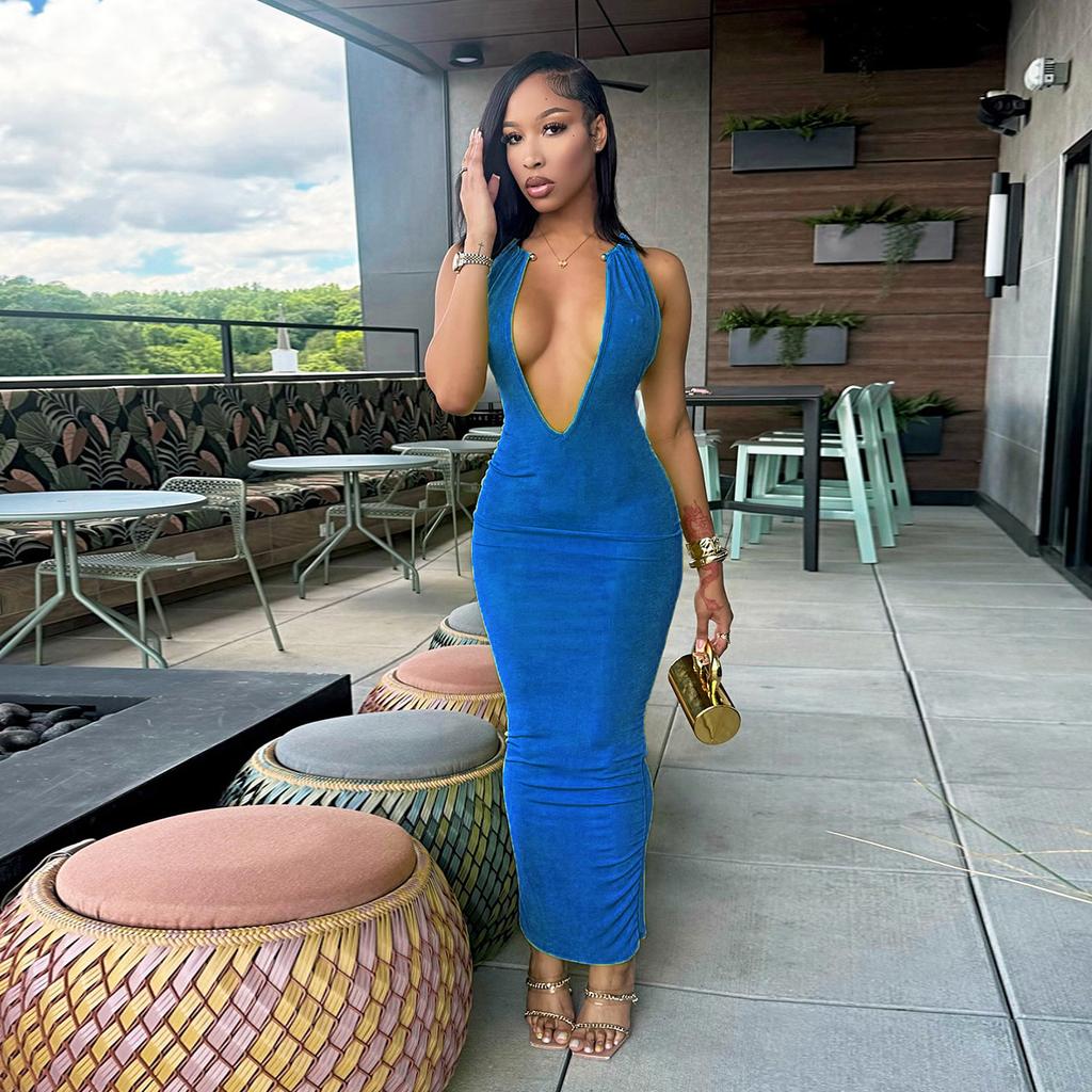 European and American New Women's Clothing New Sense Slim Deep V-neck Metal Neck Long Dress