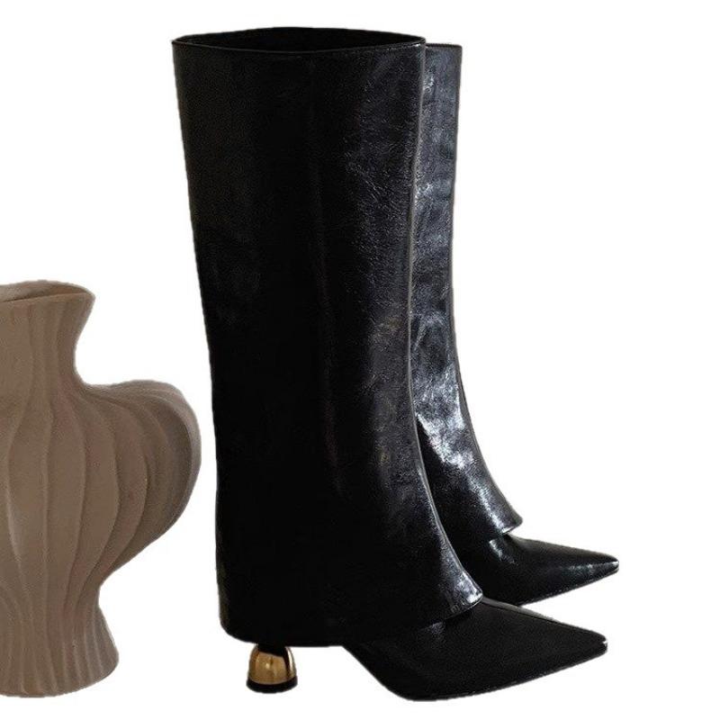 New Large-sized Long Boot Women's Shoes with Different Heels and Pointed Tips Are Worn Outside