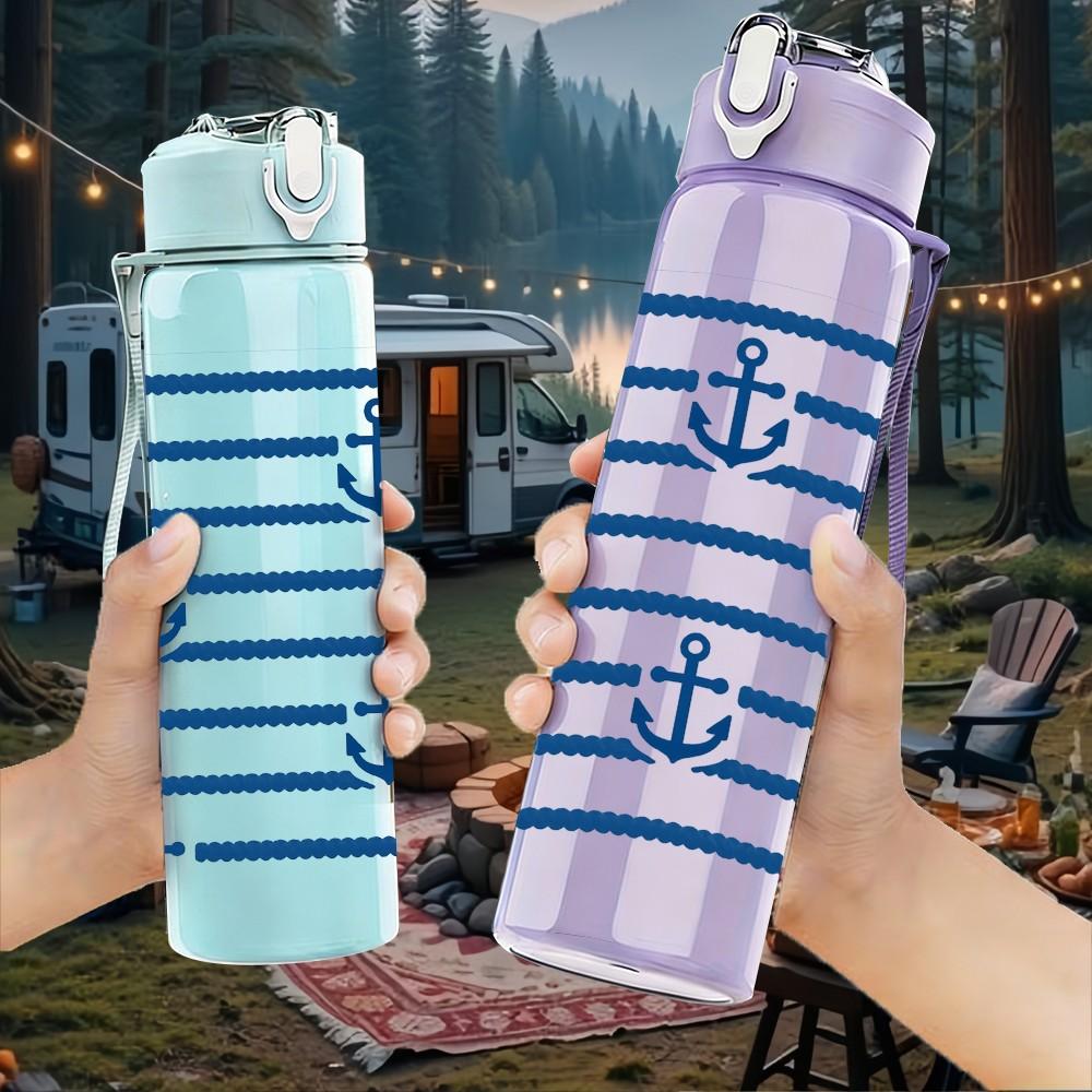 1PC Navy Anchor Stripe 750ml Color Plastic Sports Water Bottle Leakproof Flip Straw Lid Suitable for Sports Office Home Use