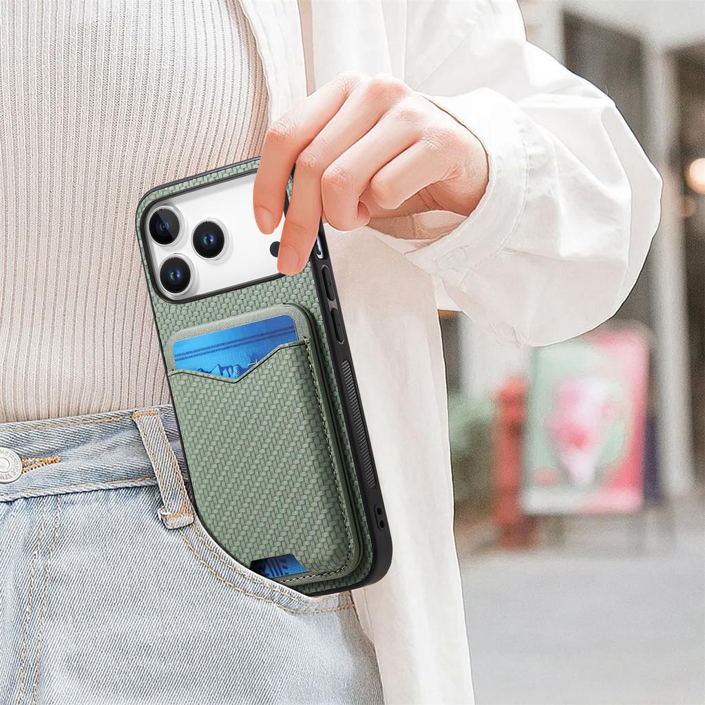 Für iPhone 17 Pro Hülle Kartenhalter Ständer Kohlefaser Textur Rückseite