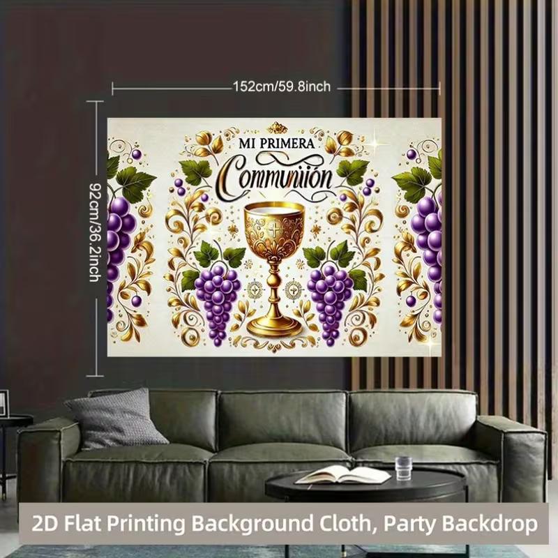 2D Mi Primera Comunion Photography Background, First Communion Golden Chalice and Grape Decor Banner