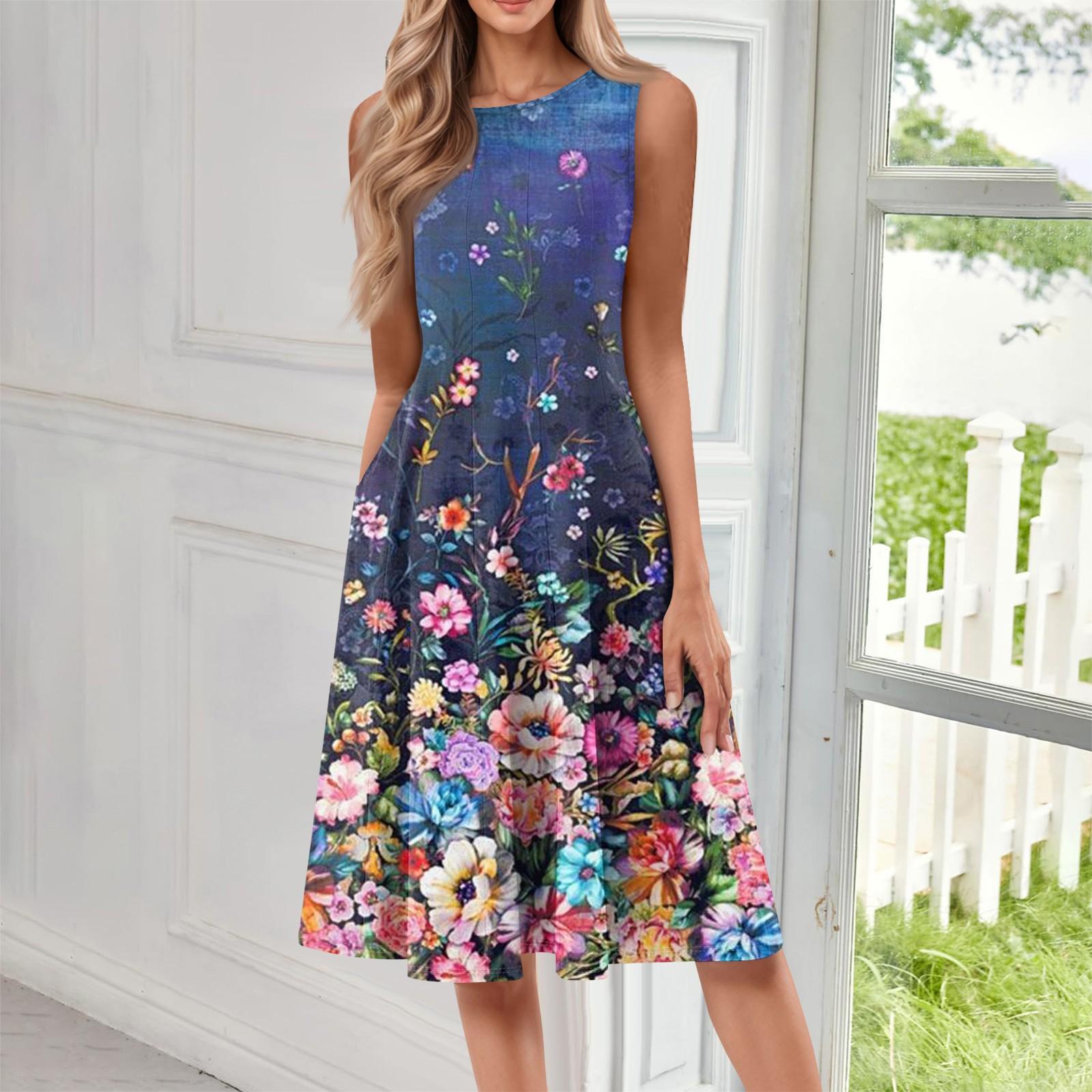 

Женское повседневное и модное платье средней длины с круглым вырезом без рукавов и принтом XXL