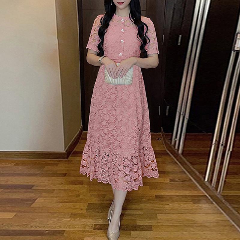 ZANZEA Women Elegant Lace Patchwork Summer Casual Short Sleeve Dress S розовый