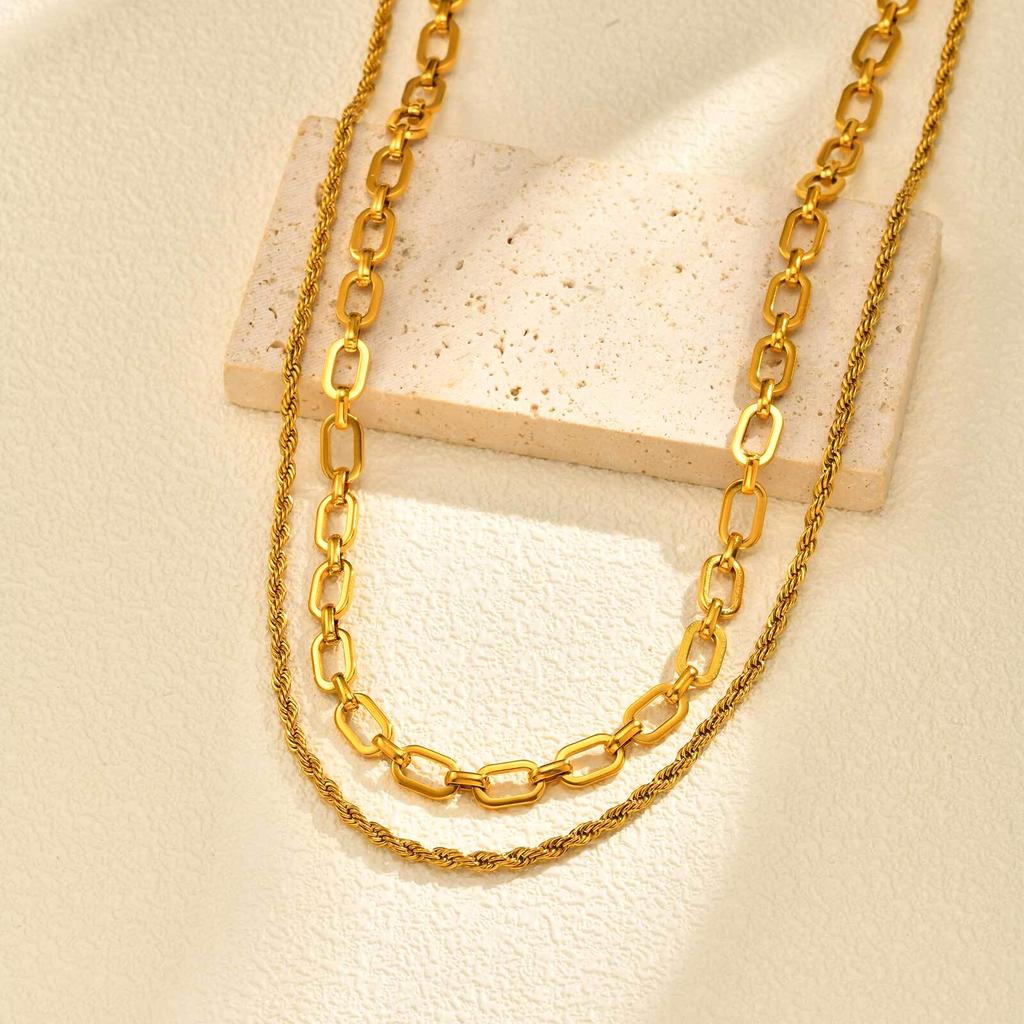 Chunky Chain Rope Link Stackable Necklace for Women, Stainless Steel Minimalist Jewelry, Gold Plated Oval Collar Chain Jewelry