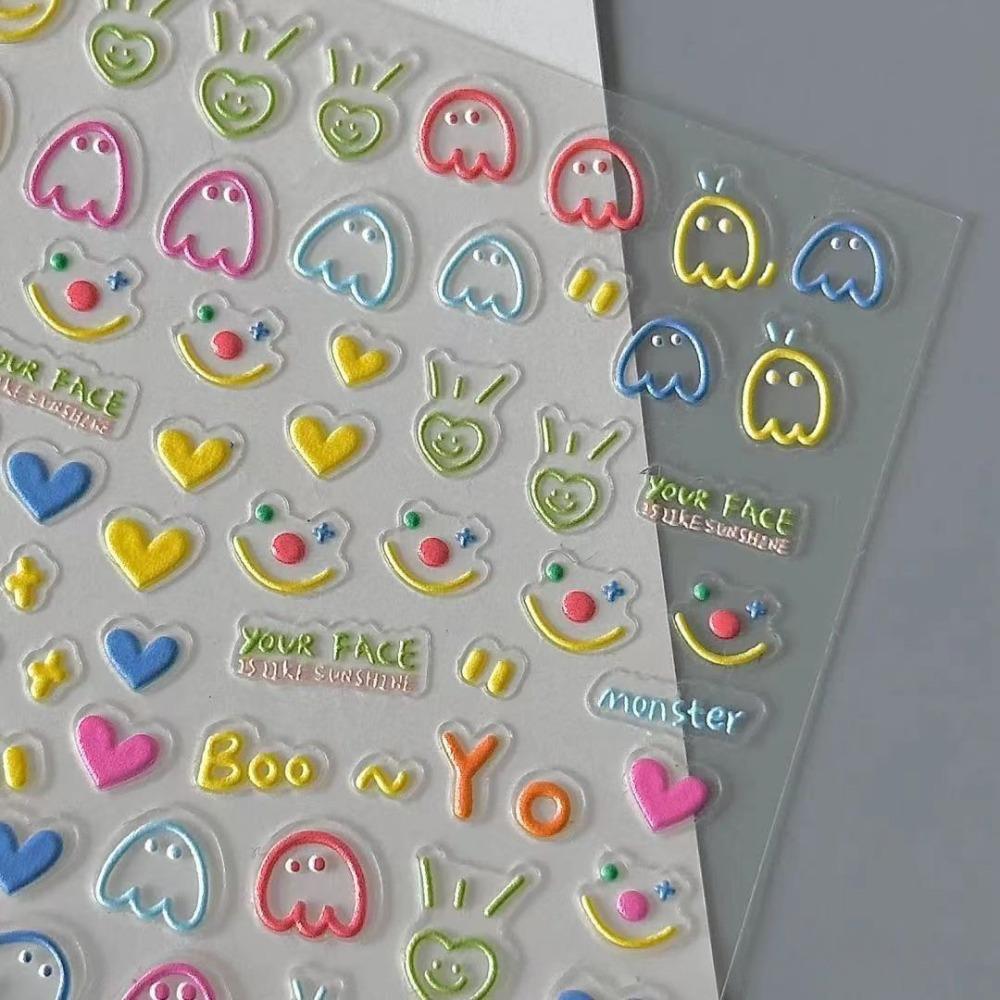Charming Cartoon Face Stickers - Self-Adhesive, Colorful Nail Art Designs with Hearts & Smiles, Perfect for DIY & Salon Use, Nail Art Stickers