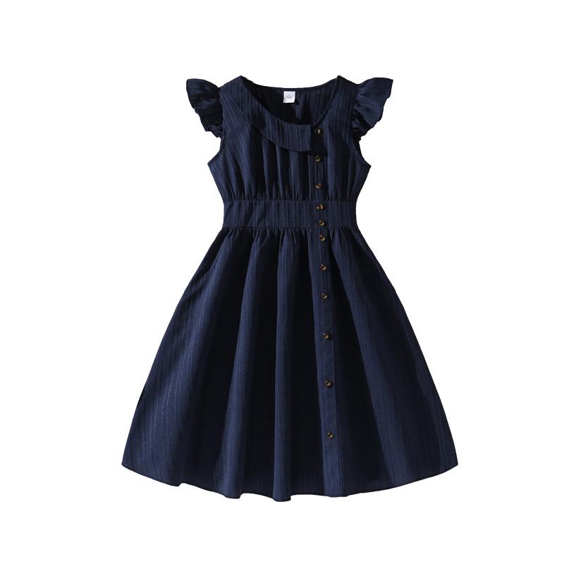 Girls' Fashionable Navy Blue Dress: Spring/Summer Children's Princess Dress with Flowy Sleeves and Ruffles