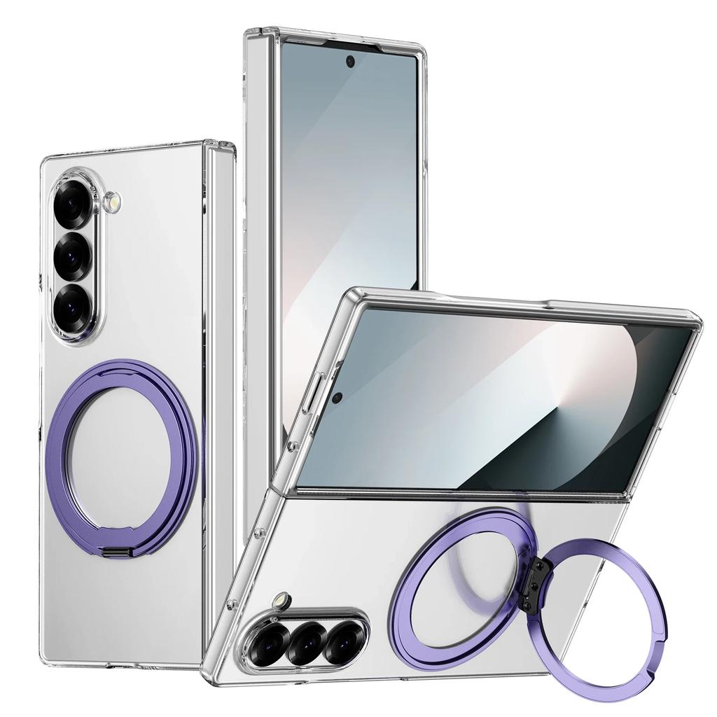 Transparent 360° Rotating Magnetic Holder Phone Case for Samsung Galaxy Z Fold 7 6 5 4 3 Wireless Charging Hard Shockproof Cover
