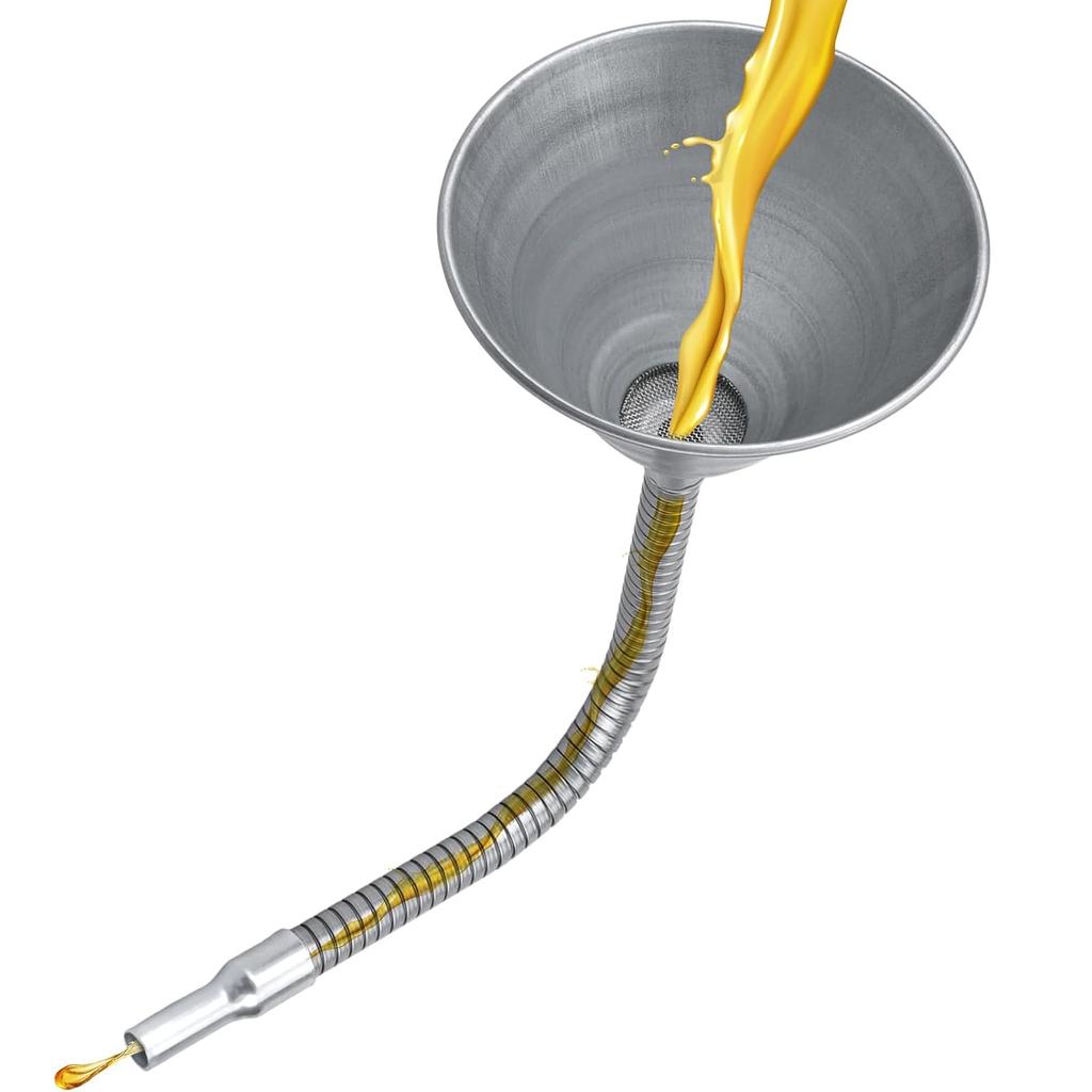 Steel Bendable Universal Spout Funnel with Filter and Flexible Pipe - Galvanized for All Automotive Oils, Diesel Fuel and Other Liquids - Silver
