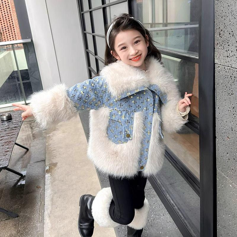 Girls' Fashionable Denim Fleece-lined Jacket - Autumn/Winter 2025 Faux Fur Coat for Children