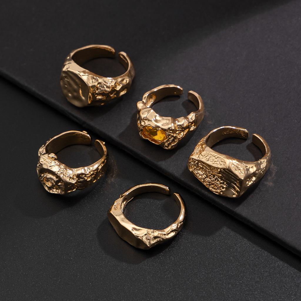 Ingemark 5Pcs/Set Vintage Irregular Metal Texture Ring Men Trendy Creative Open Adjustable Wide Ring Aesthetic New Jewelry Gift