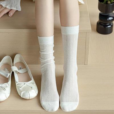 Women Socks Lolita Sweet Girls Middle Tube Socks Hollow Out Mesh Thin Breathable Solid Color Black White Gray Loose Long Socks