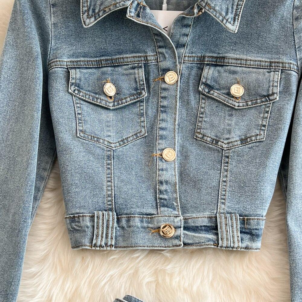 Mode Anzug Damen Jeansjacke Kurz Koreanische Slim Jacke Oberteil Zweiteiliges Set Hohe Taille Hüftumspielender Rock Frühling