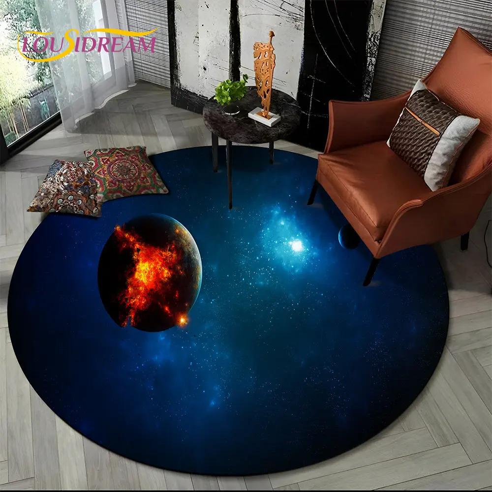 Earth Space Fixed Stars Galaxy Round Area Rug,Carpet for Living Room Children's Bedroom Sofa Playroom Decor,Non-slip Floor Mat