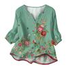 Women's Floral Print Henley Neck Button Front Shirt Three Quarter Sleeve Cotton Linen Blouse Casual Loose Fit
