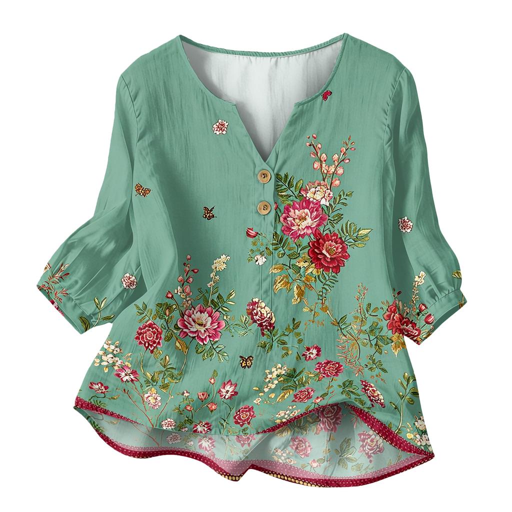 Women's Floral Print Henley Neck Button Front Shirt Three Quarter Sleeve Cotton Linen Blouse Casual Loose Fit