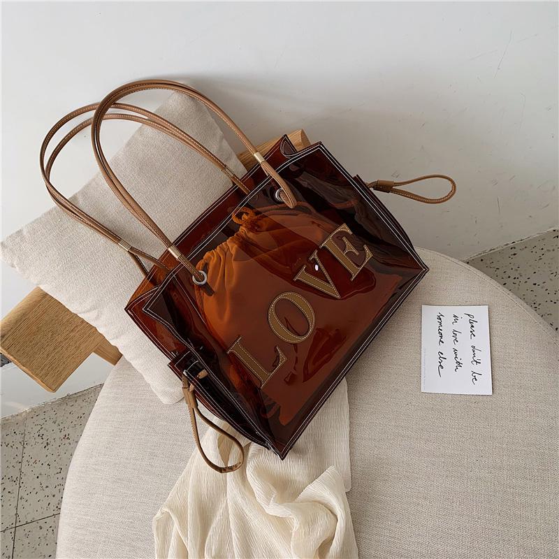 Moda Femei Genți de umăr din PVC transparent Jelly Candy Color Geanta de mână de mare capacitate Maro