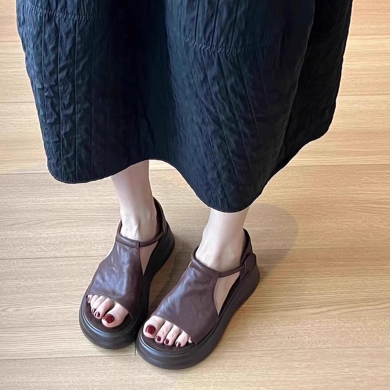 Sheepskin Version~ French Retro Platform Thick Heel Leather Sandals Women's Summer Simple Velcro Commuter Open-toed Roman Shoes