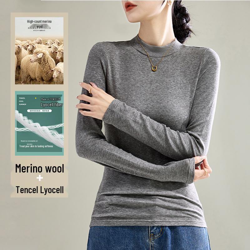 Damen Schwarzes Tencel Merino Wolle Slim Fit Langarm Baselayer Oberteil - Semi-High Neck, Herbst/Winter 2025 Kollektion.