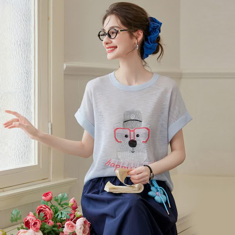 Women s Playful Puppy Jacquard Knit Short Sleeve Top L
