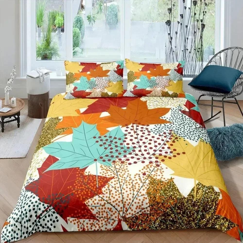 Maple Leaves Duvet Cover Set Colorful Autumn Season Maple Leaves In Unusual Designs Nature Print King Size 3D Bedding Set