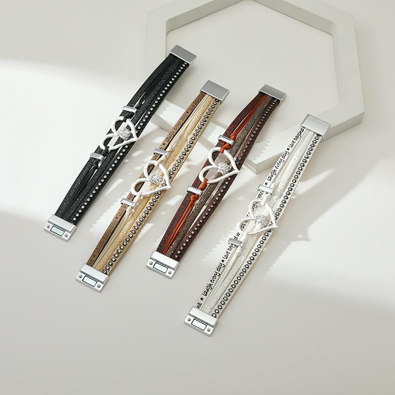 Vintage Multi-layer Leather Bracelet Womens Hollowed Out Heart-shaped Crystal Studded Magnetic Buckle Bangle Party Jewelry