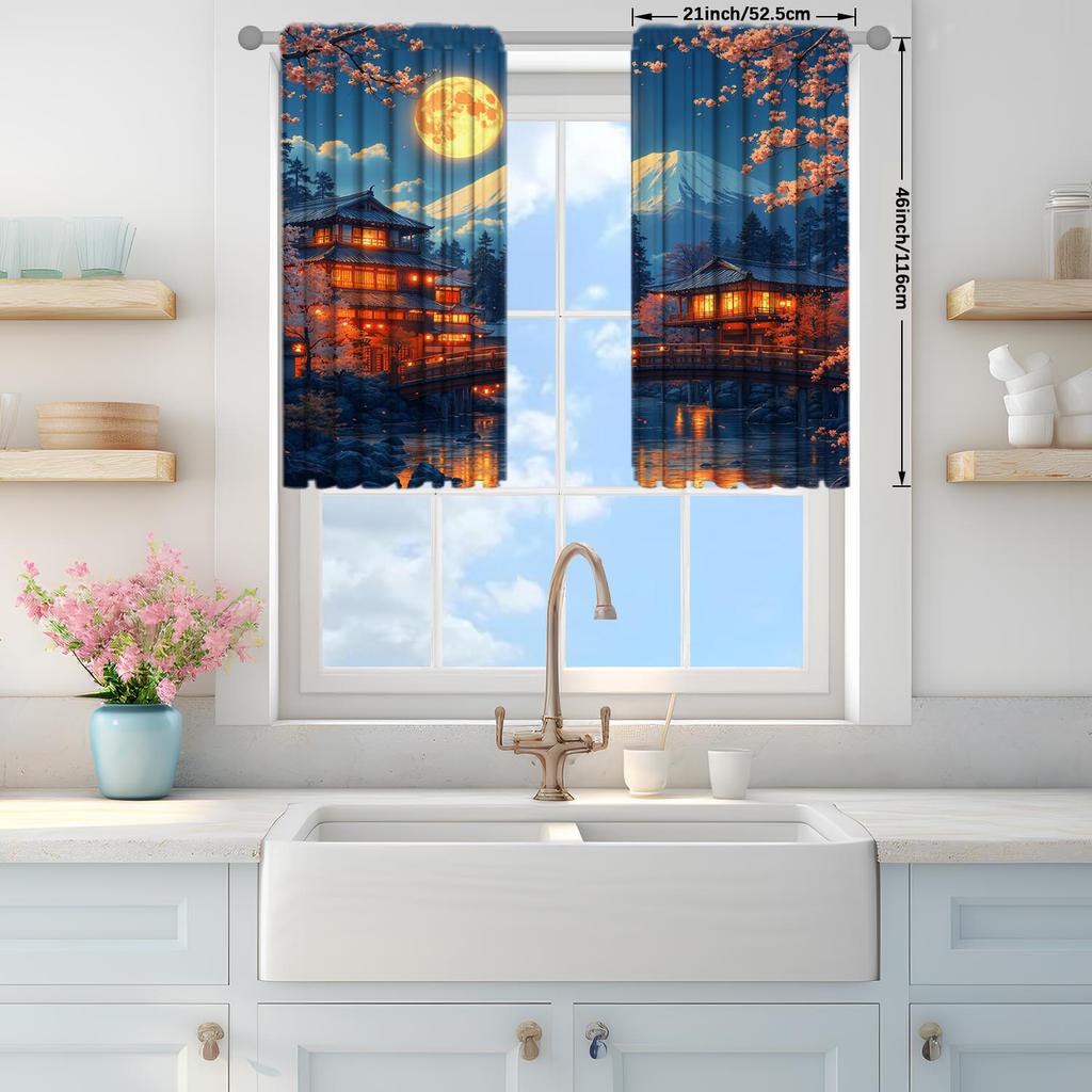 2pcs The Lights of Mount Fuji Town Under Printed Curtains   Shade and Privacy Protection   Suitable for Decorating Various Rooms