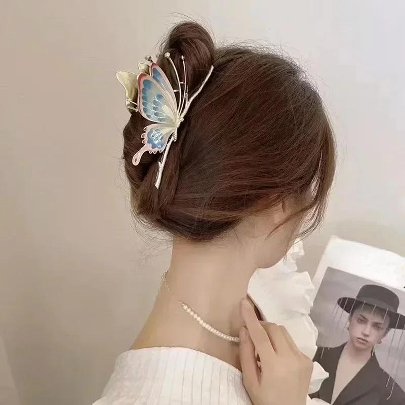 Women Fashion Vintage Painted Butterfly Hair Claws Luxury Hair Clips for Girl Crab Large Size Barrette Headwear Hair Accessories