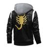 Men's Leather Stand Collar Detachable Hooded Motorcycle Leather Jacket Fashionable Embroidered Colorblock Coat
