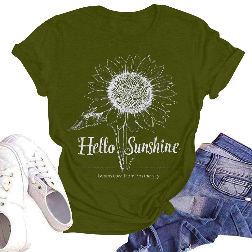 Damen Casual Mode Street Slim Kurzarm Sonnenblumen-Print T-Shirt Top