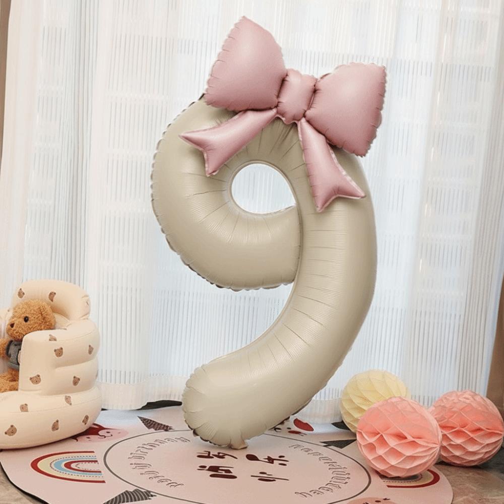 40 Inch Number 0-9 Balloon Cream White with Light Pink Bow Aluminum Foil Balloons New Year Decorations Birthday Party Balloons