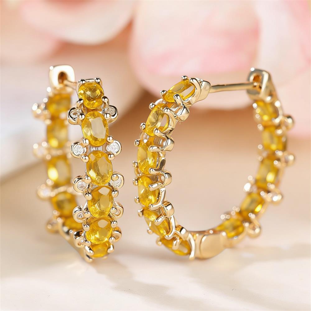 Yellow Crystal Single Row Oval Stone Hoop Earrings For Women Vintage Gold Color Ear Buckle Wedding Jewelry Valentine's Day Gifts