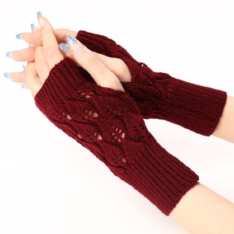 Knit Gloves Textured Leaf Design Soft Acrylic Fabric Cold Weather Fingerless Handwear Unisex Solid Color