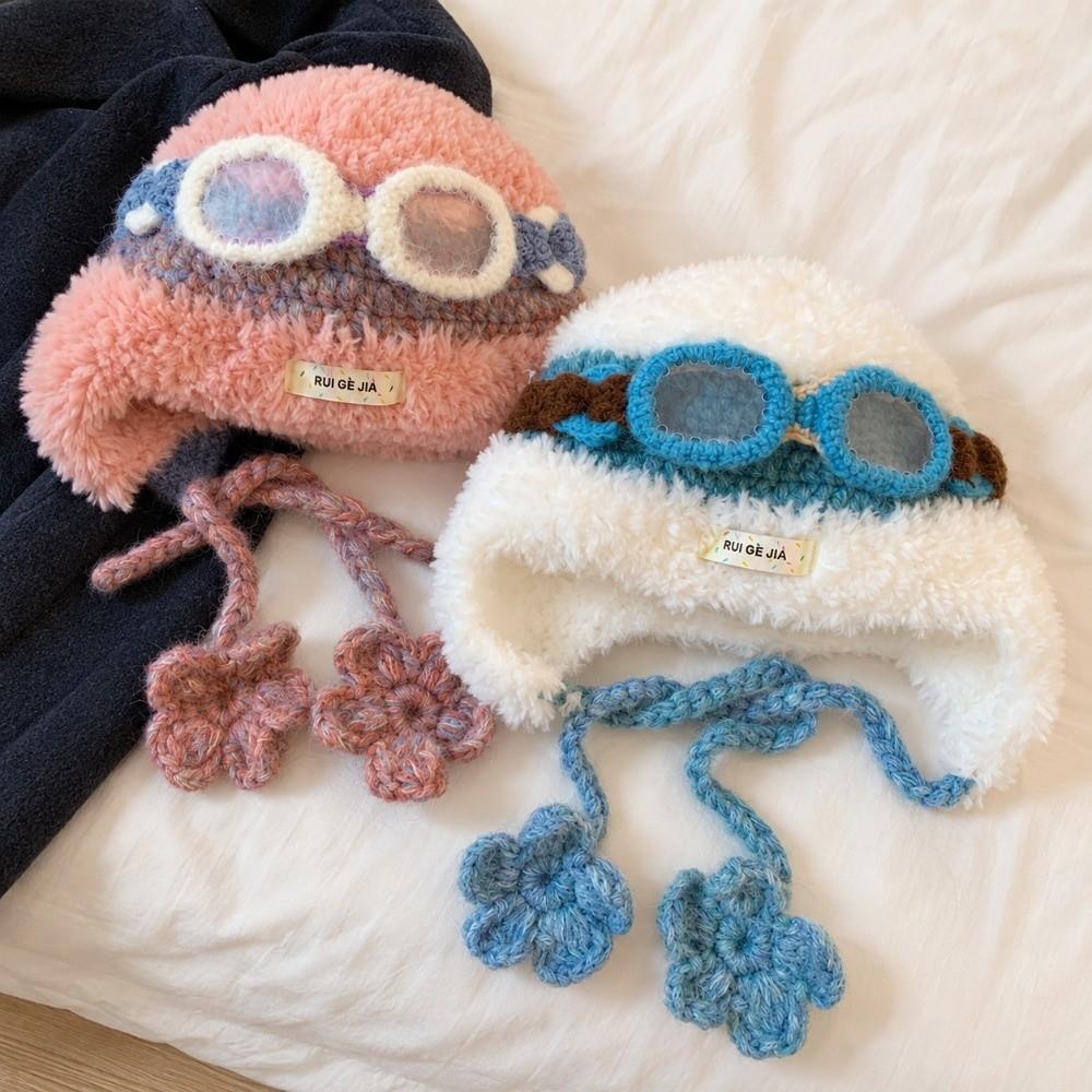 Warm Wool Beanie Hat with Glasses Pullover Cap New Winter Plush Flight Hats  For Women