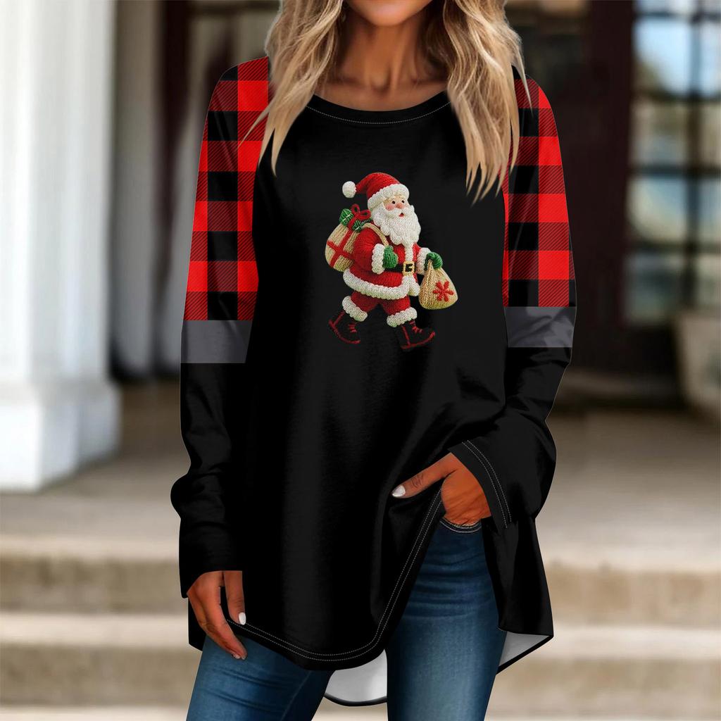 Fashionable Women's Loose Round Neck Christmas Small Print Long-sleeved T-shirt Top Pullover