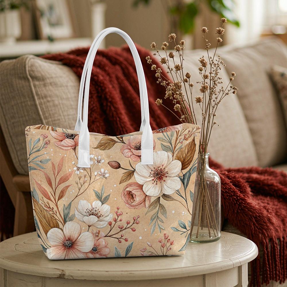 Boho Floral Print Tote Bag Casual Ladies Daily Use Shoulder Bag Versatile Lightweight Carryall for Shopping Outdoor Commute