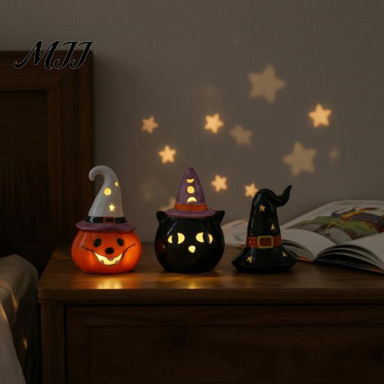 Small Ceramic Halloween Figurine Tealight Holder, Lighted Ghost Pumpkin with Cute Room Decoration Witch Hat, Tiered Tray Tabletop Decor for