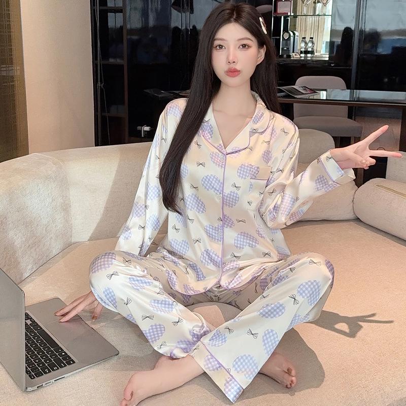 Elegant French Jacquard Ice Silk Pajamas for Women, Long Sleeve & Pants, Spring/Autumn Thin Style, Ins-Inspired Home Wear (2026 Collection)