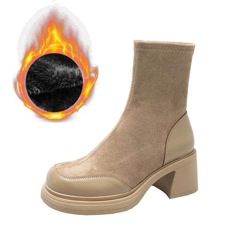 Dicker Absatz Damen Stretch Stiefeletten Mode Elegant Modern Schlank Kurze Stiefeletten Herbst Winter Damen Slipper