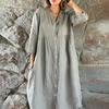 Women Summer Loose Shirt Dress Stand Collar 3/4 Sleeve Buttons Placket Solid Color Loose Fit Midi Dress Streetwear