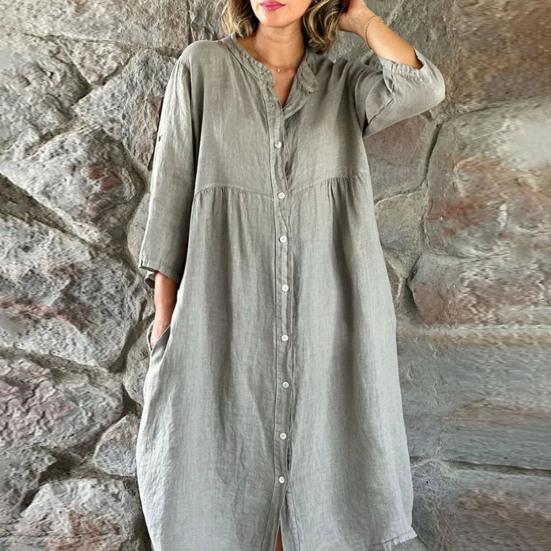 Women Summer Loose Shirt Dress Stand Collar 3/4 Sleeve Buttons Placket Solid Color Loose Fit Midi Dress Streetwear